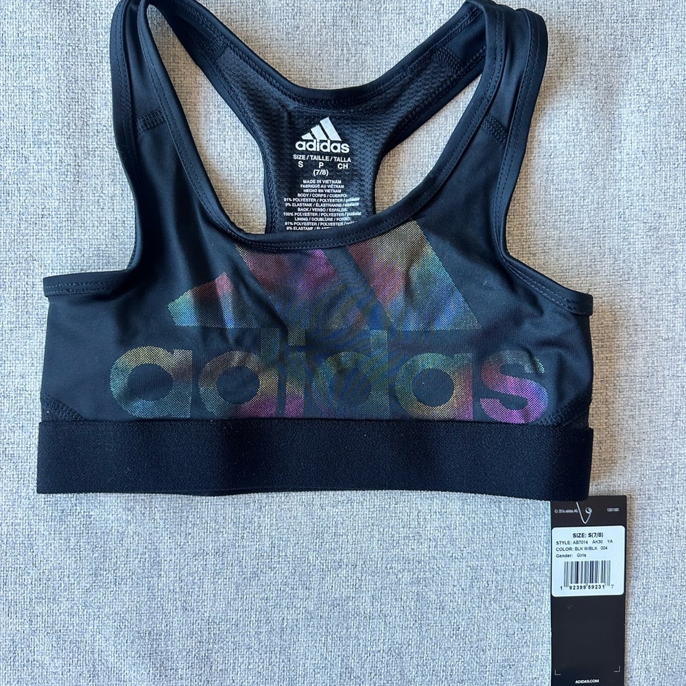 Adidas Girls (Youth) Black Sports Bra with Iridescent Logo